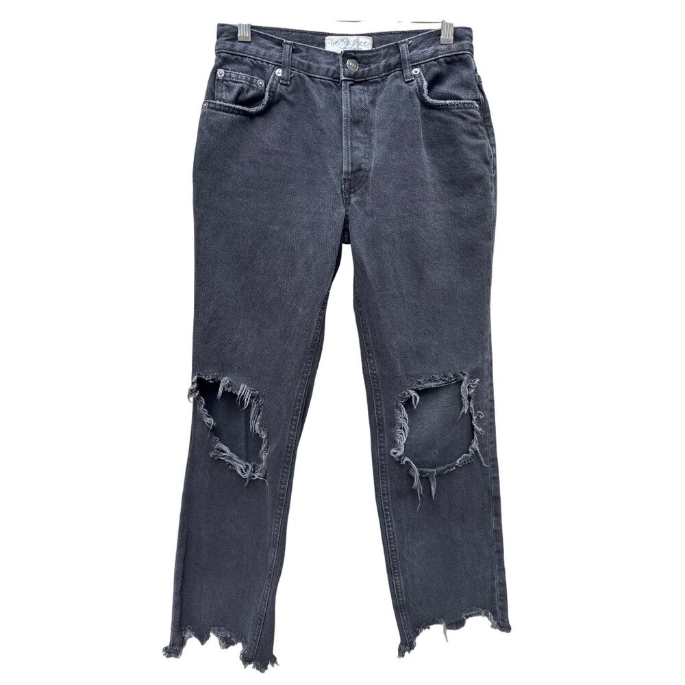 We The Free People Distressed Grunge Black Maggie Mid-Rise Straight-Leg Jeans 24